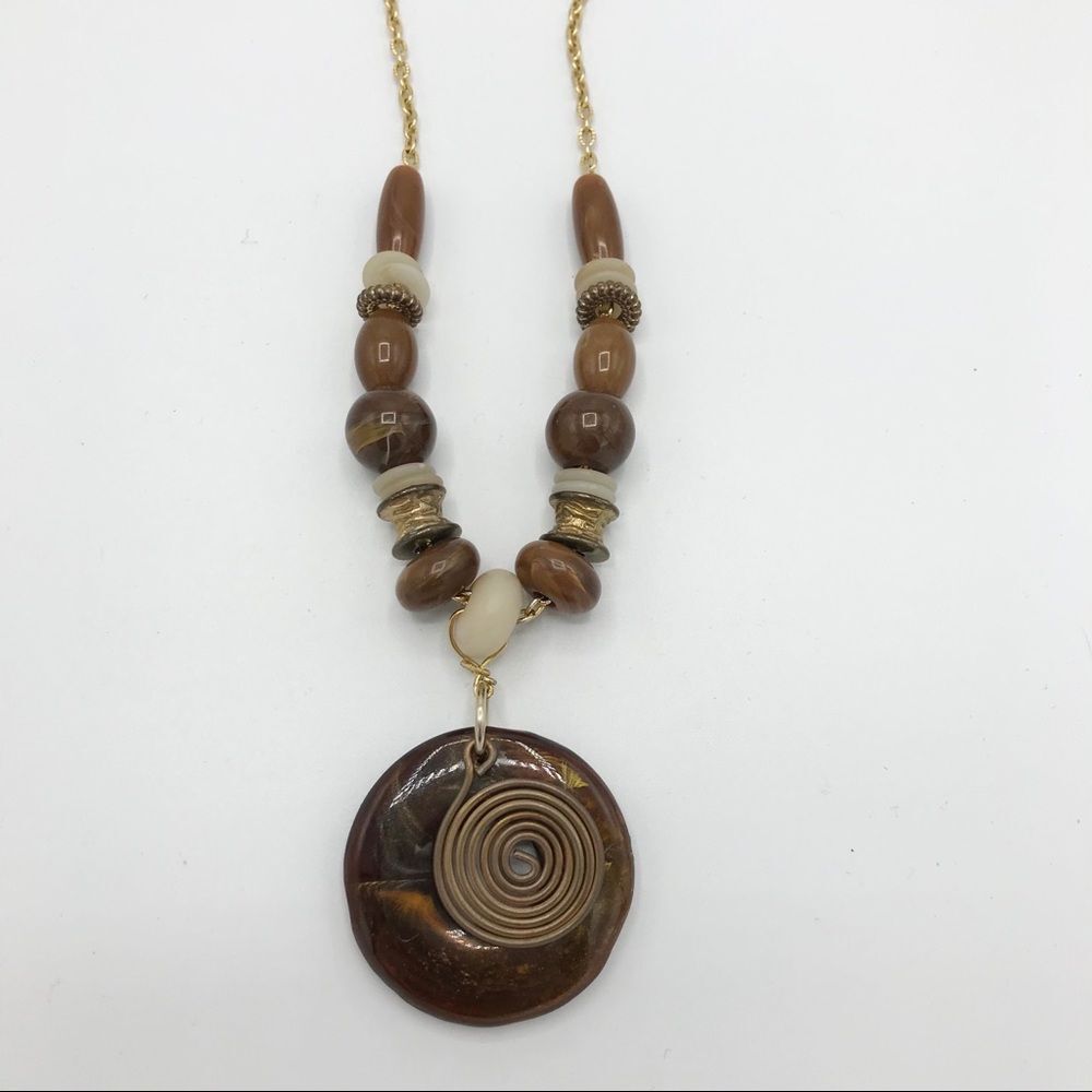 Long Necklace Gold Tone Brown Round Metal Swirl Pendant Beaded Bohemian - Picture 5 of 7